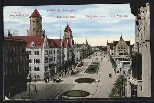 AK Posen / Poznan, Tiergartenstrasse, Kgl. Akademie, Am Schlossplatz