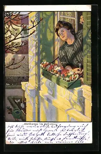 Künstler-AK G. Hirth`s Verlag, Serie: XVI, 1., Frau am Fenster mit Blumenkasten