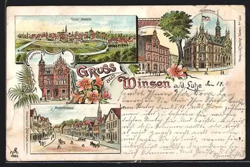 Lithographie Winsen a. d. Luhe, Marktstrasse, Rathaus und Post, Apotheke