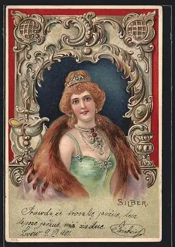 Künstler-AK Dame mit Pelz, Jugendstil