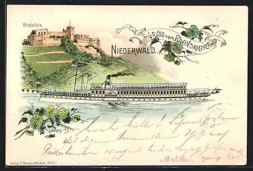 Lithographie Rheindampfer Niederwald passiert Schloss Rheinfels