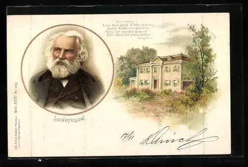 Lithographie Proträt Longfellow mit Wohnhaus und Spruch