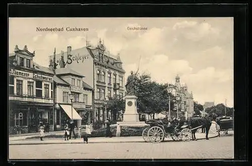 AK Cuxhaven / Nordseebad, Deichstrasse mit Schuhwarengeschäft und Denkmal