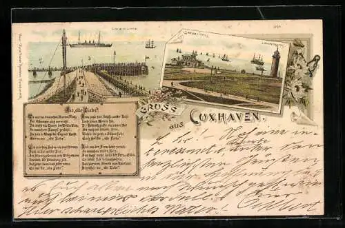 Lithographie Cuxhaven, Seepavillon, Leuchtturm und Hafenszene