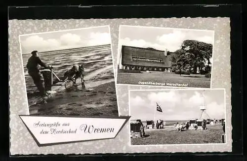 AK Wremen /Nordsee, Jugendherberge, Strand, Hundewagen