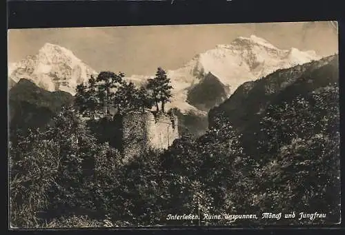 AK Interlaken, Ruine Unspunnen, Mönch und Jungfrau