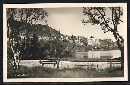 AK St. Moritz-Dorf, Blick über den St. Moritzersee zum Dorf