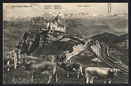 AK Rigi-Kulm, Blick auf Bergbahn, Hotel und Alpen