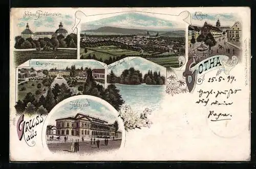 Lithographie Gotha, Gesamtansicht, Schloss Friedenstein, Hoftheater und Rathaus