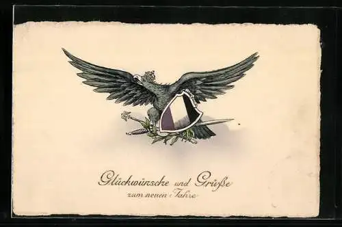 Präge-AK Reichsadler trägt Schwert, Kommandostab und ein Schild mit den deutschen Reichsfarben