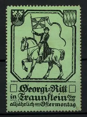 Reklamemarke Traunstein, Georgi-Ritt, alljährlich am Ostermontag, Knappe zu Pferd, Wappen