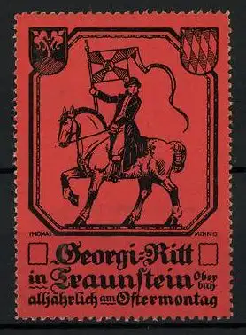 Reklamemarke Traunstein, Georgi-Ritt, alljährlich am Ostermontag, Knappe zu Pferd, Wappen