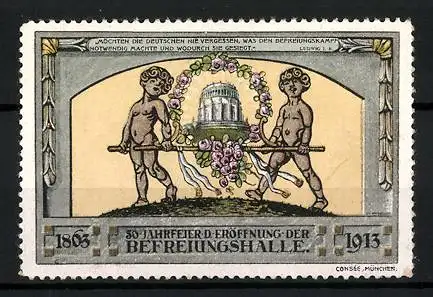 Reklamemarke Kelheim, 30 Jahre der Eröffnung der Befreiungshalle 1863-1913, nackte Buben tragen ein Modell