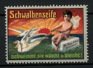 Reklamemarke Schwalbenseife - schwimmt, wäscht und bleicht, Engel lässt sich von Schwalben ziehen