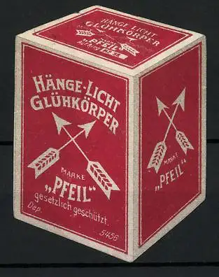 Reklamemarke Hänge-Licht Glühkörper Marke Pfeil, Schachtel