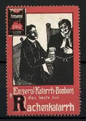 Reklamemarke Emserol Katarrh-Bonbons, das Beste bei Rachenkatarrh, Paar mit Bonbondose