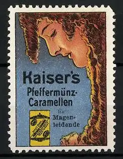 Reklamemarke Kaiser's Pfeffermünz-Caramellen, für Magenleidende, Gesicht schaut auf eine Schachtel