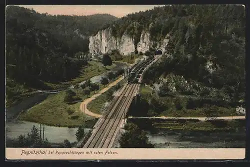 AK Rupprechtstegen, Bahngleise mit Bahn und roten Felsen im Pegnitztal