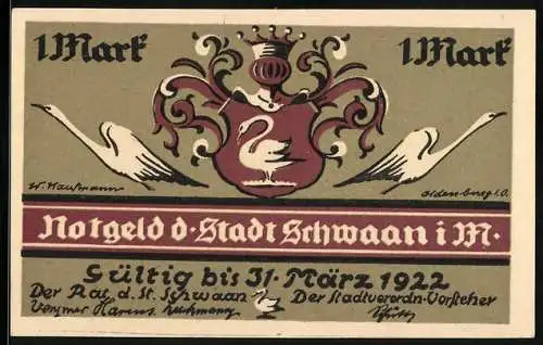 Notgeld Schwaan i. M. 1922, 1 Mark, Wappen, Figuren klettern das Rathaus hinauf