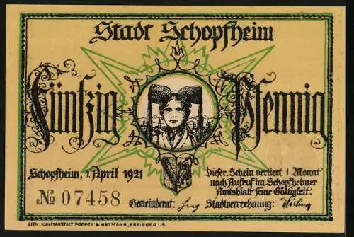 Notgeld Schopfheim 1921, 50 Pfennig, Wappen, Portrait Frau in Tracht, die Häfnet-Jungfrau