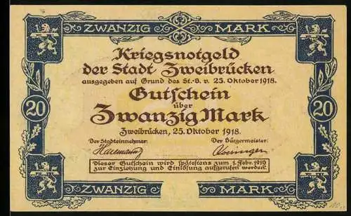 Notgeld Zweibrücken 1918, 20 Mark, Ansicht des Rathauses