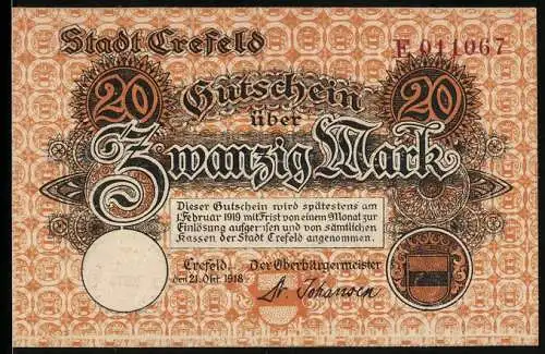 Notgeld Crefeld 1918, 20 Mark, Hafenpanorama