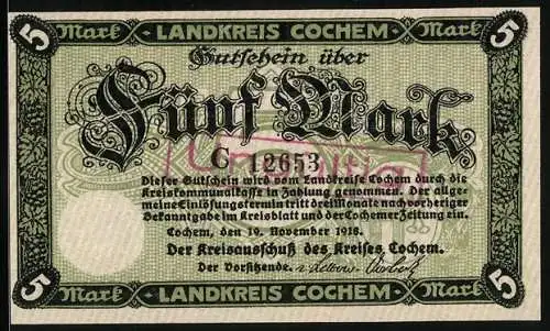 Notgeld Cochem 1918, 5 Mark, Ansicht der Burg