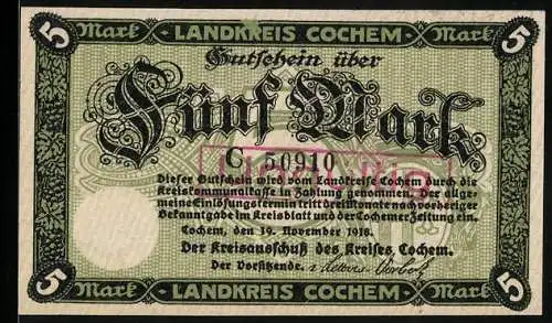 Notgeld Cochem 1918, 5 Mark, Blick hinauf zur Burg