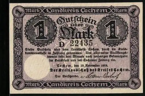 Notgeld Cochem 1918, 1 Mark, Blick hinauf zur Burg