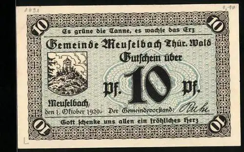 Notgeld Meuselbach /Thür. Wald 1920, 10 Pfennig, Aussichtsturm auf dem Berg
