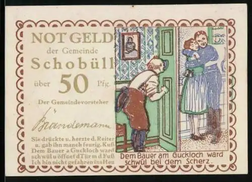 Notgeld Schobüll, 50 Pfennig, Bauer beobachtet ein junges Paar