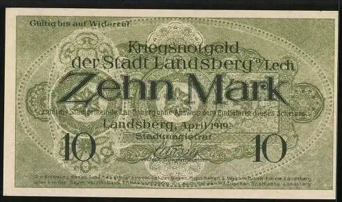 Notgeld Landsberg a. Lech 1919, 10 Mark, Kontroll-Nr. 14242