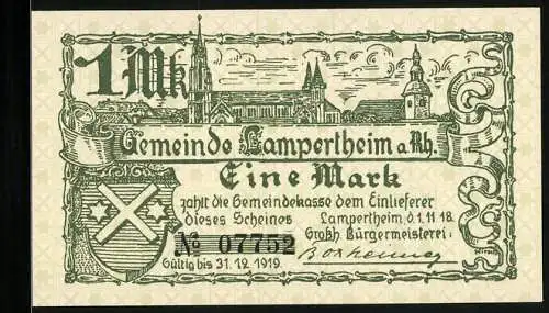 Notgeld Lampertheim a. Rh. 1918, 1 Mark, Kloster- und Pfarrkirche