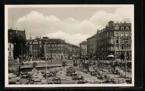 AK Braunschweig, Friedrich-Wilhelm-Platz mit Geschäften, Hotel Monopol, Dresdner Bank