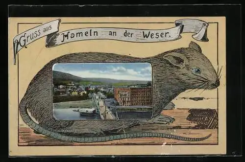 Passepartout-AK Hameln /Weser, Ortsansicht im Ratten-Passepartout