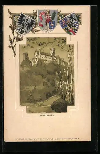 Passepartout-Lithographie Wartburg, Ortsansicht aus der Ferne, Wappen