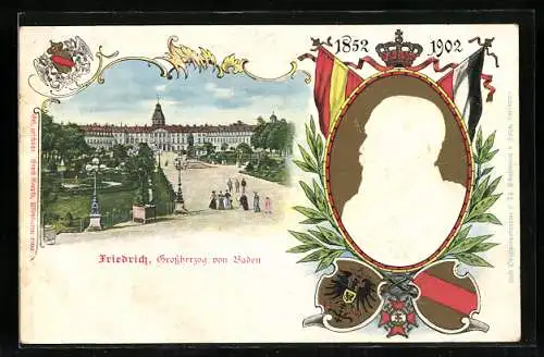 AK Karlsruhe, Grossherzog Friedrich von Baden, 1852-1902, Wappen und Flaggen, Residenzschloss