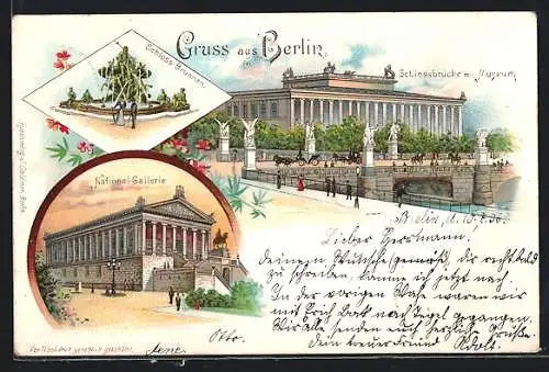 Lithographie Berlin, Schlossbrücke mit Museum, National-Gallerie, Schloss-Brunnen