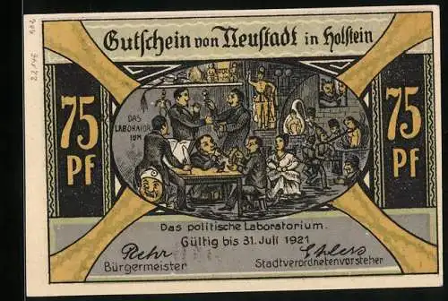 Notgeld Neustadt in Holstein 1921, 75 Pfennig, Hafen und das Politische Laboratorium