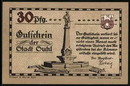 Notgeld Suhl, 30 Pfennig, Denkmal und Suhler Gewehre im Weltkrieg