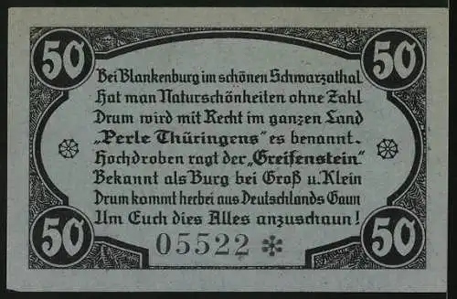 Notgeld Greifenstein 1921, 50 Pfennig, Die Burgruine mit Blick ins Tal