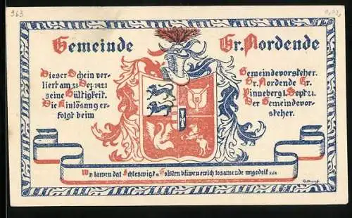 Notgeld Gr. Nordende 1921, 1 Mark, Zwei Ochsen auf der Weide