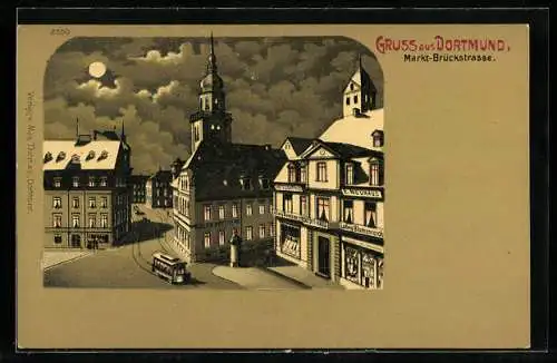 Mondschein-Lithographie Dortmund, Markt und Brückstrasse mit Adler-Apotheke und Strassenbahn