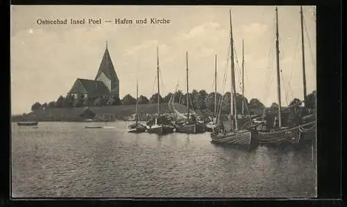 AK Insel Poel, Blick auf Hafen und Kirche