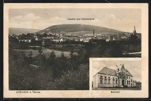 AK Hofheim a. Taunus, Teilansicht mit Kapelle und Meisterturm, Bahnhof