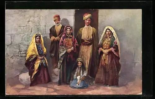 AK Ramallah, Bauernfamilie in Tracht, arabische Volkstypen