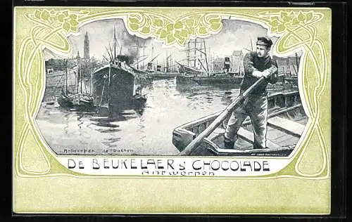 Künstler-AK Antwerpen, Mann im Boot im Hafen, Reklame für Chocolat de Beukelaer
