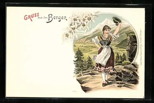 Lithographie Bergsteigen, Frau in Tracht winkt mit Hut