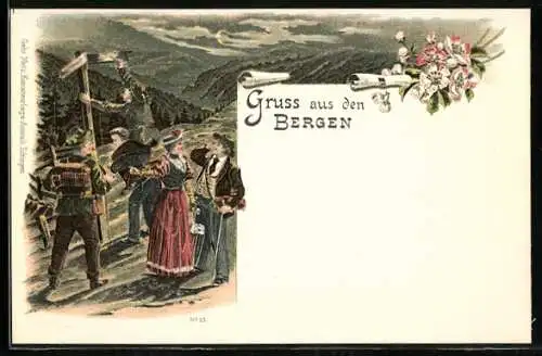 Lithographie Wandergruppe in den Bergen