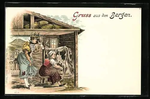 Lithographie Bergsteigerin stärkt sich mit einem Glas frisch gemolkener Milch